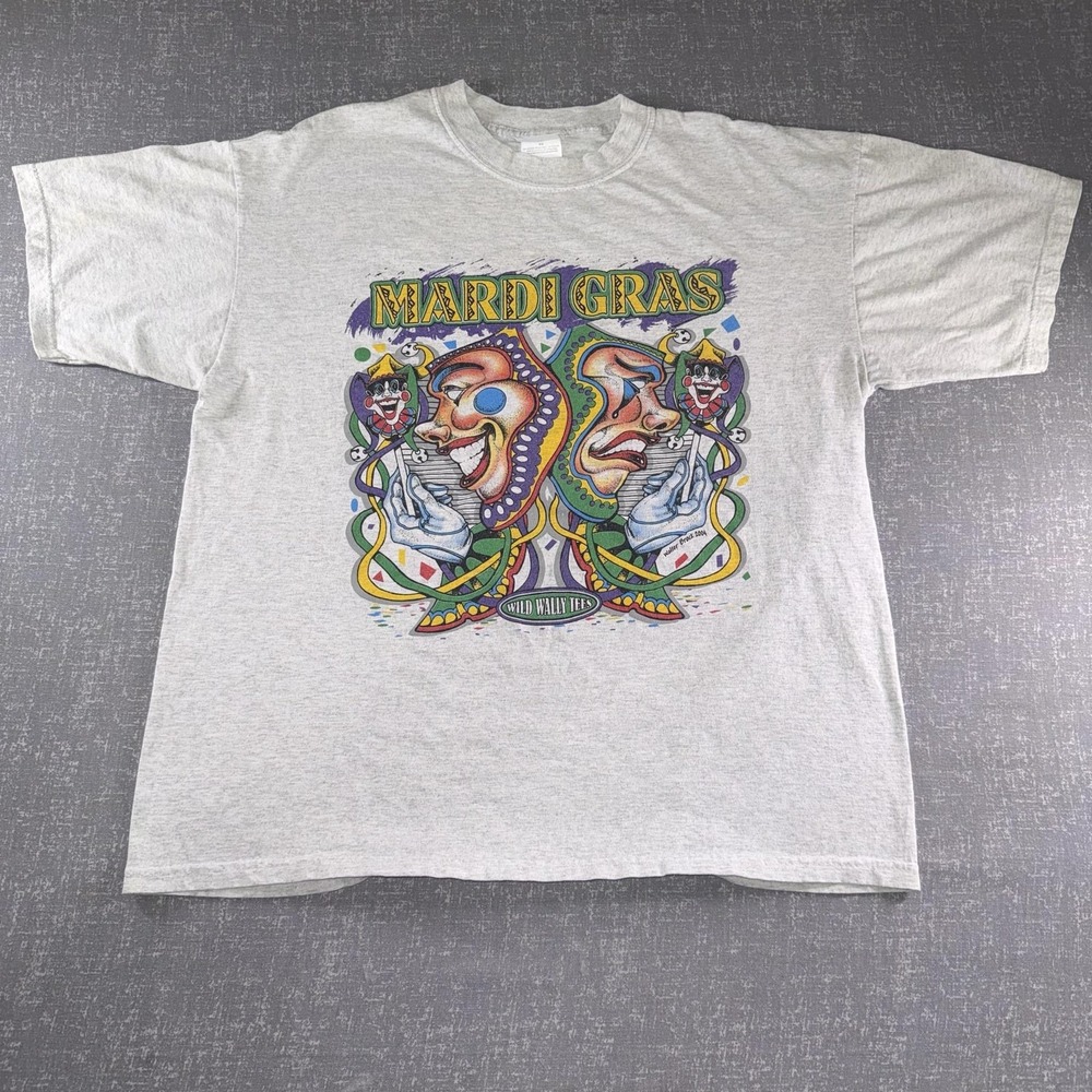 Vintage Gildan Shirt Mens XL Gray Mardi Gras Graphic Tee 2004 Wild Wally Tees